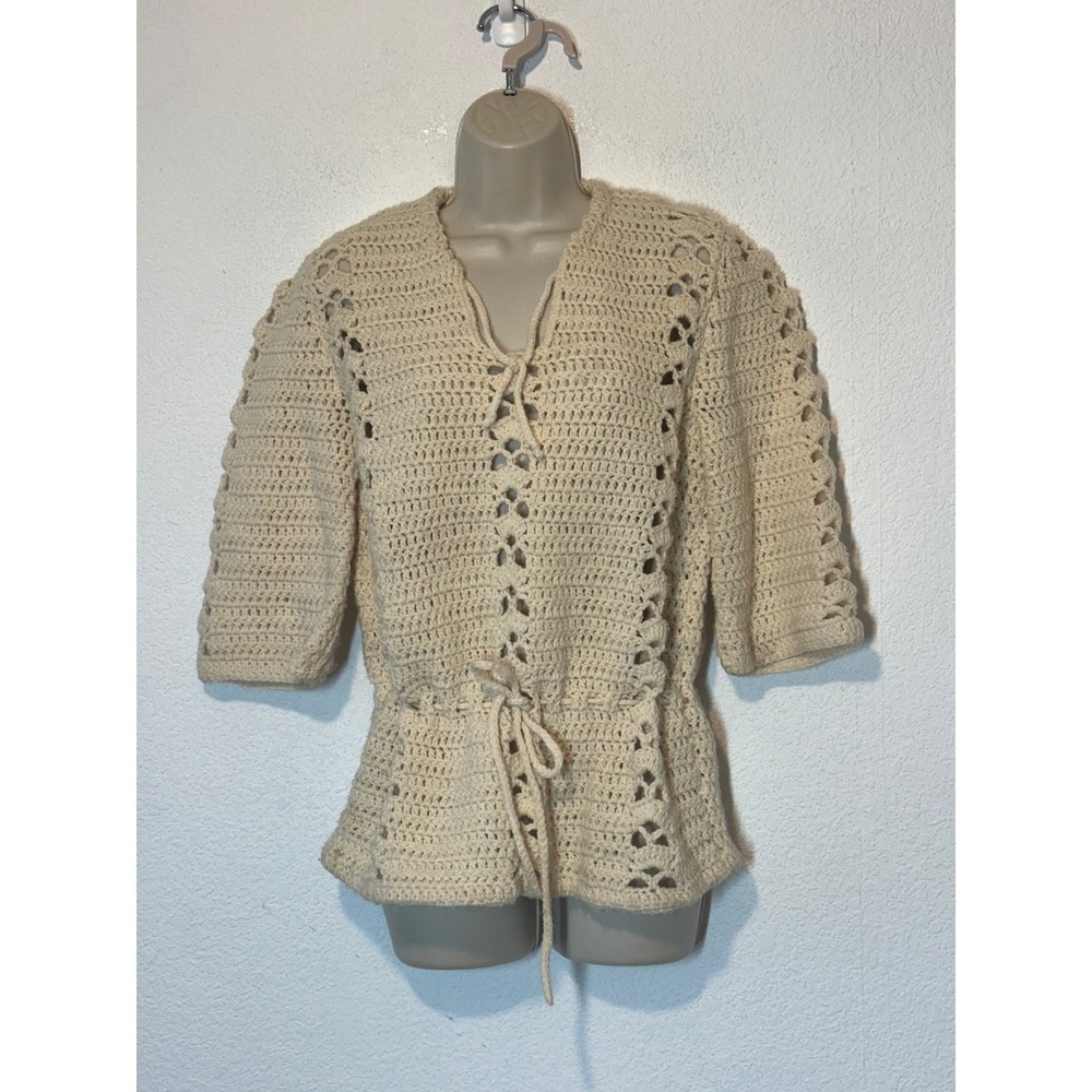 Handmade Cream Crochet Drawstring Waist Eyelet Knit Top Cream Ivory Boho